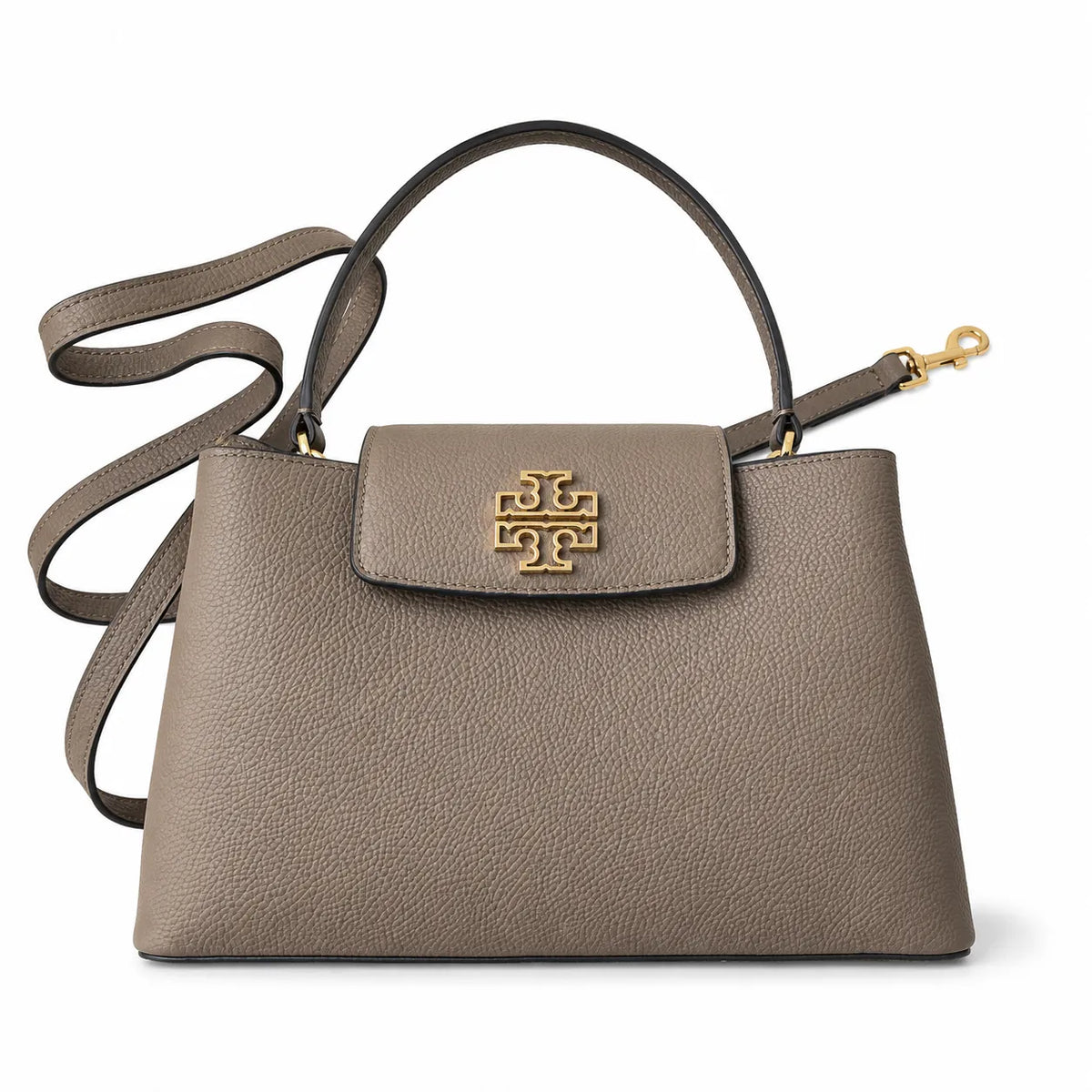 Tory Burch Britten | Grey-brown pebbled leather with gold double T logo  adjustable shoulder strap  women's designer handbag