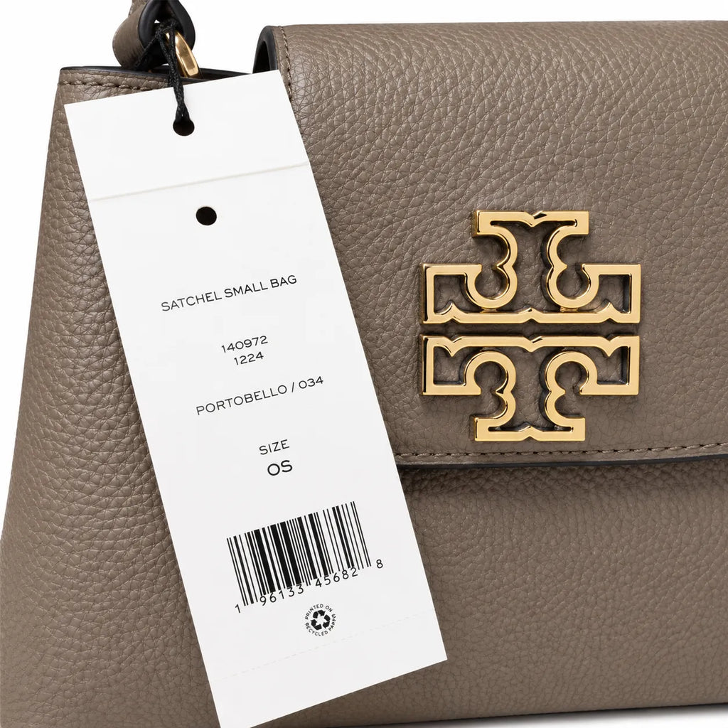 Tory Burch Britten | Grey-brown pebbled leather with gold double T logo  adjustable shoulder strap  women's designer handbag