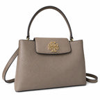 Tory Burch Britten | Grey-brown pebbled leather with gold double T logo  adjustable shoulder strap  women's designer handbag