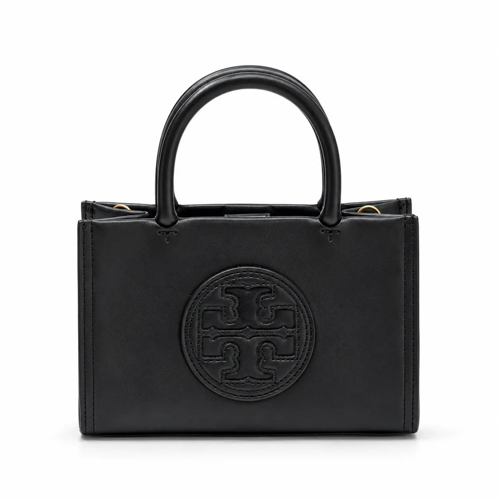 Tory Burch Ella Bio | Black vegetable leather embossed T-logo  adjustable shoulder strap women's designer shoulder bag