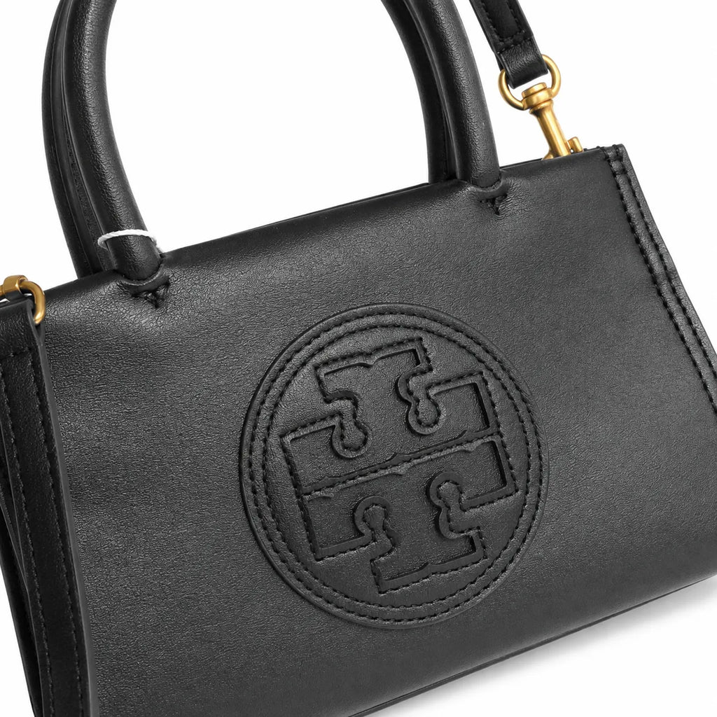 Tory Burch Ella Bio | Black vegetable leather embossed T-logo  adjustable shoulder strap women's designer shoulder bag