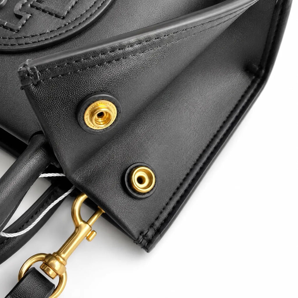 Tory Burch Ella Bio | Black vegetable leather embossed T-logo  adjustable shoulder strap women's designer shoulder bag