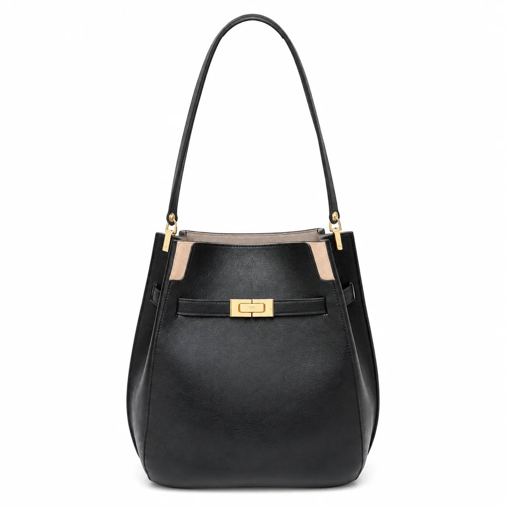 Tory Burch Lee Radziwill | Black pebbled leather with gold twist clasp and double T logo adjustable shoulder strap women's designer handbag
