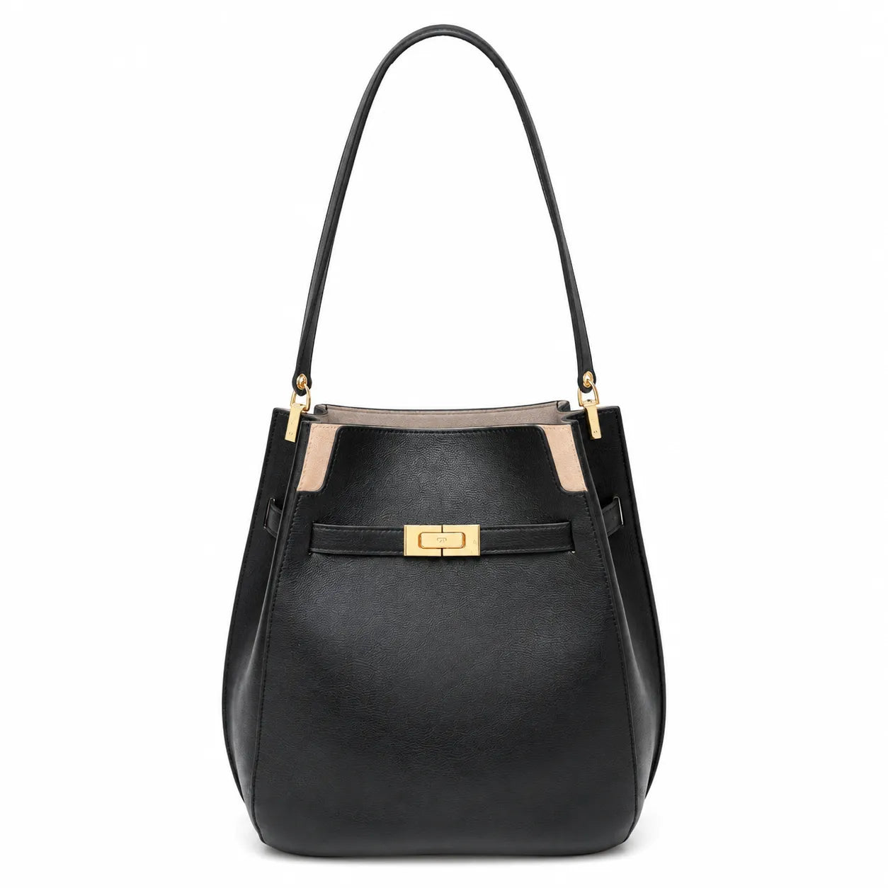 Tory Burch Lee Radziwill | Black pebbled leather with gold twist clasp and double T logo adjustable shoulder strap women's designer handbag