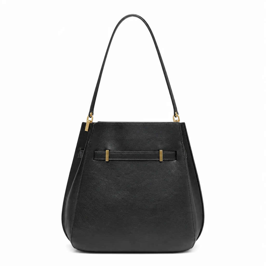 Tory Burch Lee Radziwill | Black pebbled leather with gold twist clasp and double T logo adjustable shoulder strap women's designer handbag