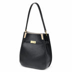 Tory Burch Lee Radziwill | Black pebbled leather with gold twist clasp and double T logo adjustable shoulder strap women's designer handbag