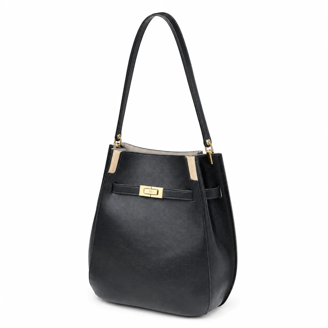 Tory Burch Lee Radziwill | Black pebbled leather with gold twist clasp and double T logo adjustable shoulder strap women's designer handbag