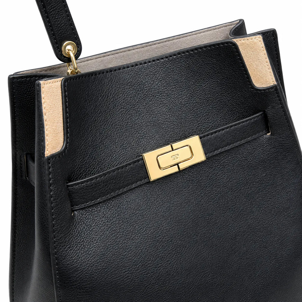 Tory Burch Lee Radziwill | Black pebbled leather with gold twist clasp and double T logo adjustable shoulder strap women's designer handbag
