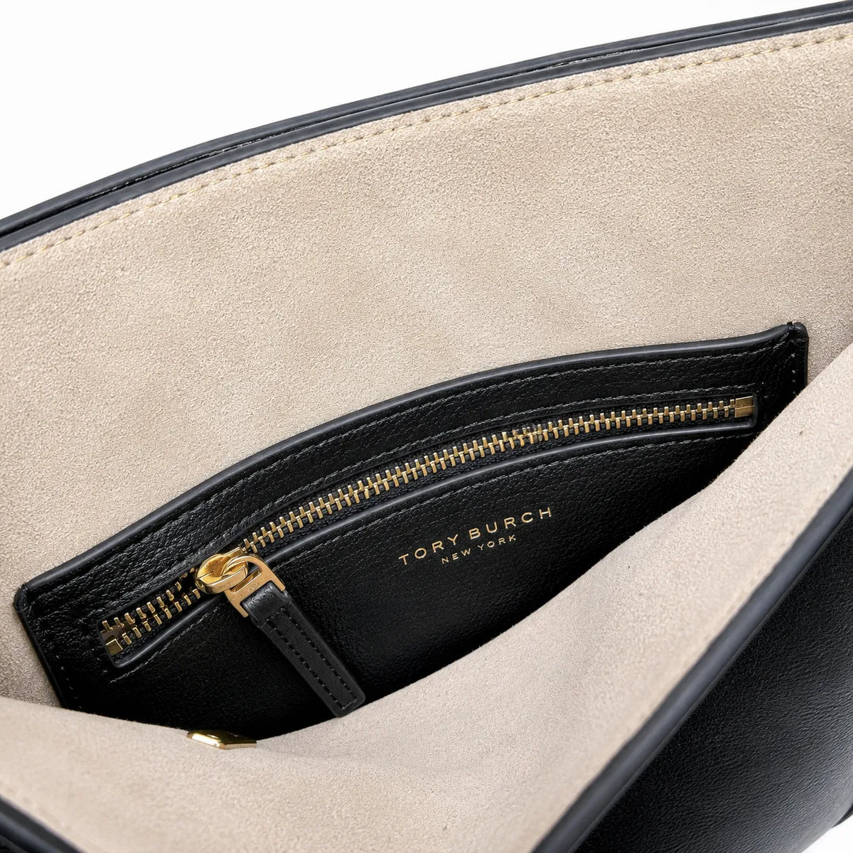 Tory Burch Lee Radziwill | Black pebbled leather with gold twist clasp and double T logo adjustable shoulder strap women's designer handbag