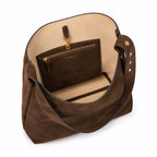 Tory Burch Romy | Dark brown suede, gold logo  adjustable shoulder strap  women's designer shoulder/handbag