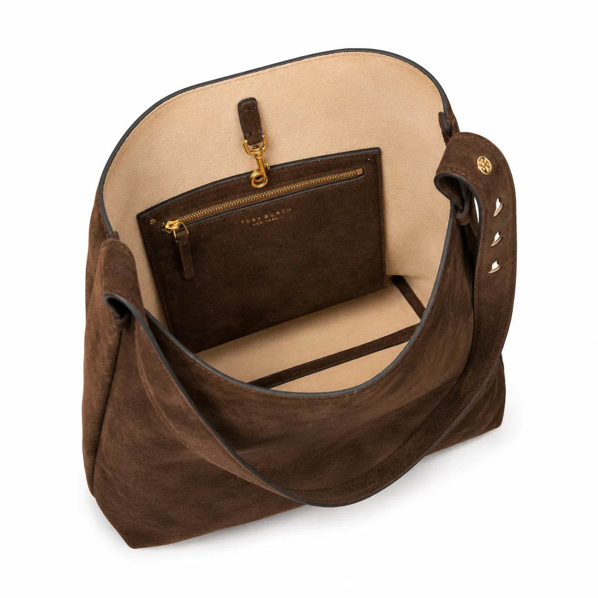 Tory Burch Romy | Dark brown suede, gold logo  adjustable shoulder strap  women's designer shoulder/handbag