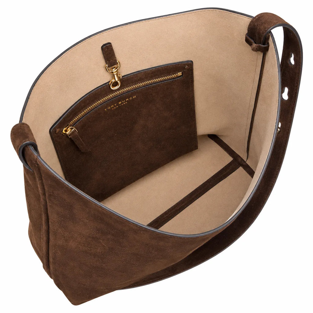 Tory Burch Romy | Dark brown suede, gold logo  adjustable shoulder strap  women's designer shoulder/handbag