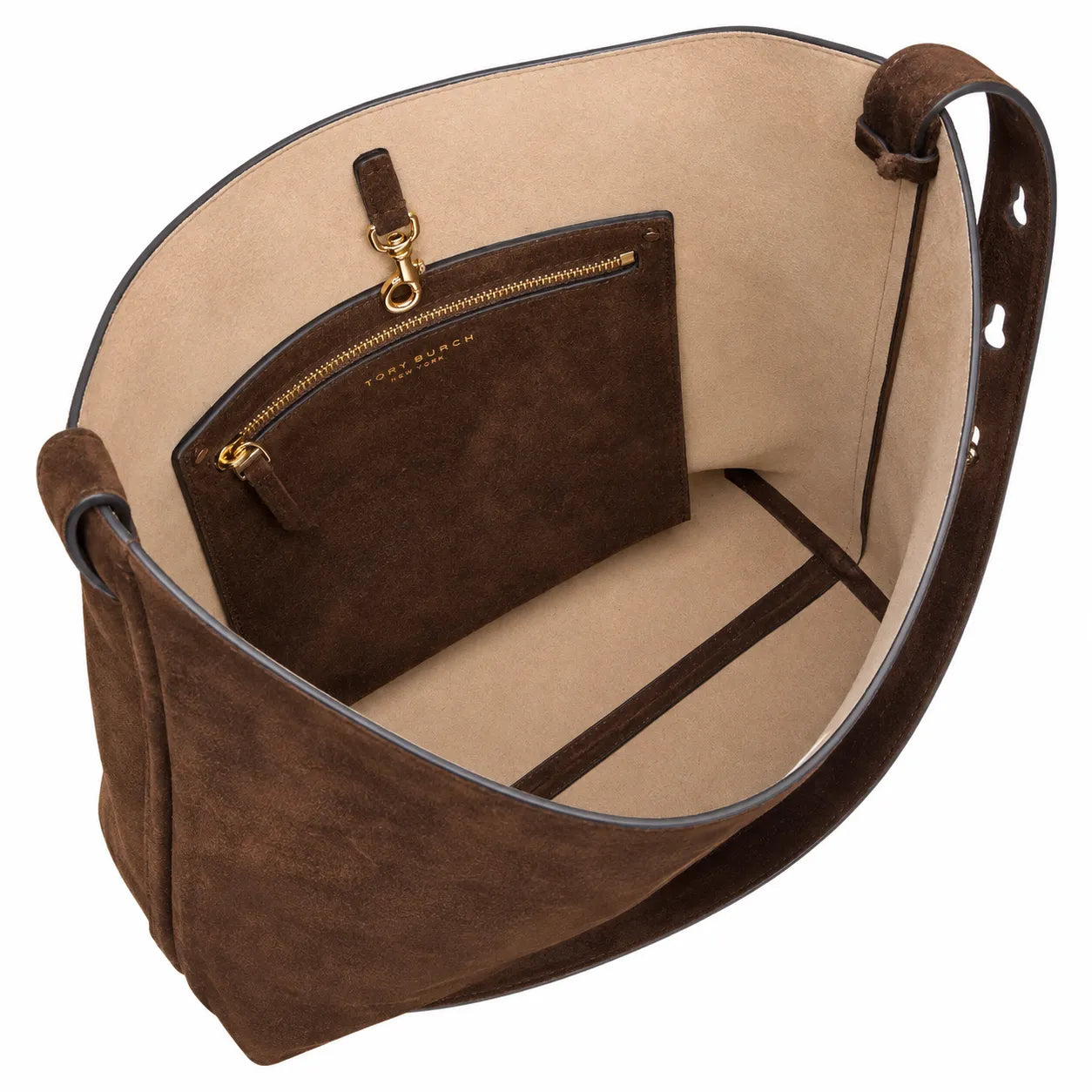 Tory Burch Romy | Dark brown suede, gold logo  adjustable shoulder strap  women's designer shoulder/handbag
