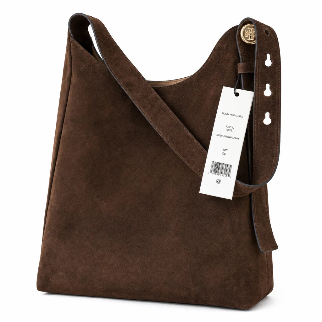 Tory Burch Romy | Dark brown suede, gold logo  adjustable shoulder strap  women's designer shoulder/handbag
