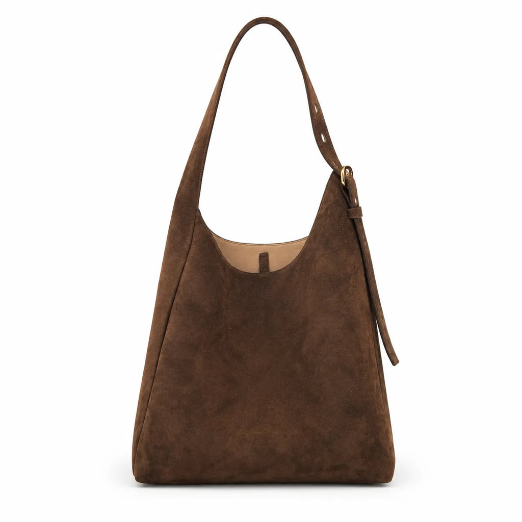 Tory Burch Romy | Dark brown suede, gold logo  adjustable shoulder strap  women's designer shoulder/handbag