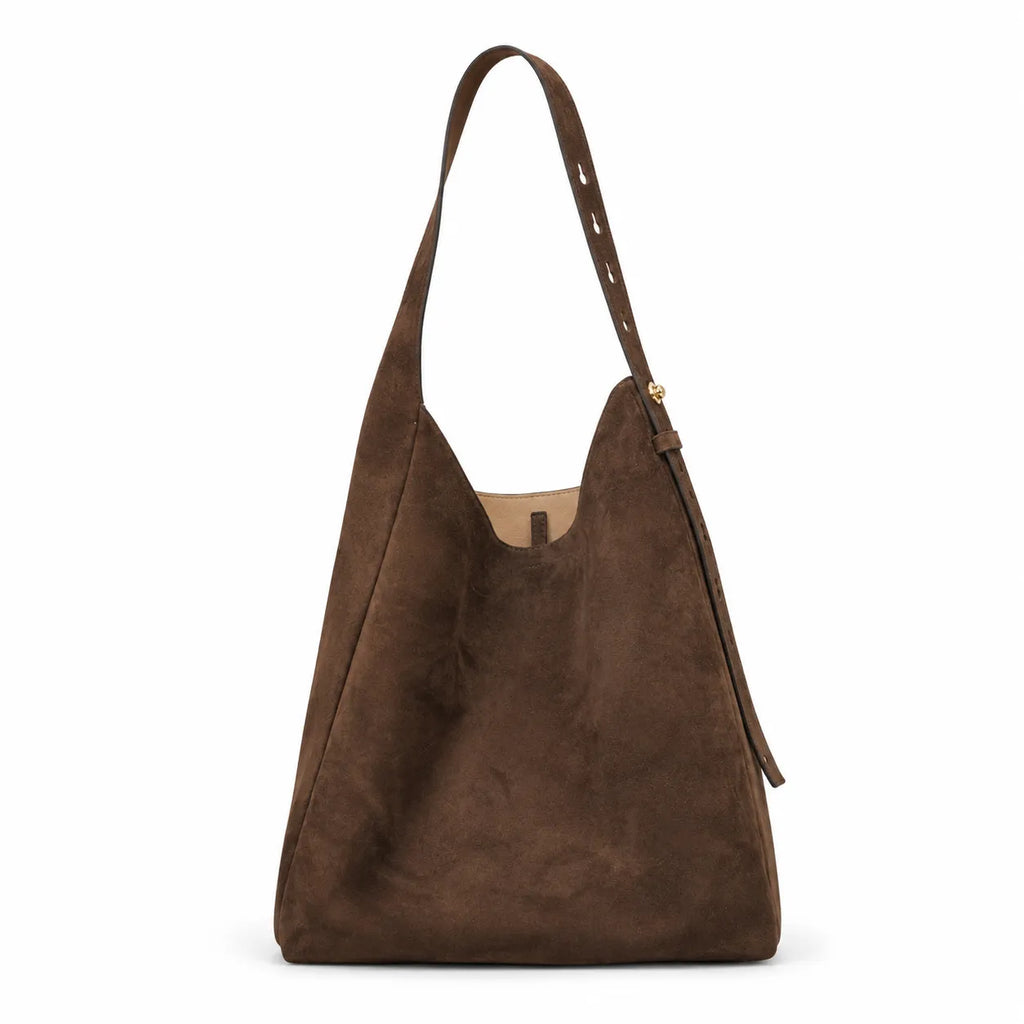 Tory Burch Romy | Dark brown suede, gold logo  adjustable shoulder strap  women's designer shoulder/handbag