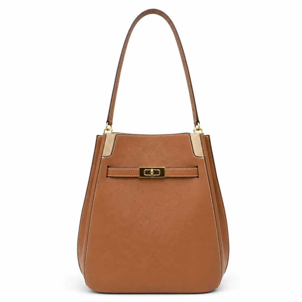 Tory Burch Lee Radziwill | Caramel-colored smooth leather  gold twist clasp and double T logo  women's designer handbag