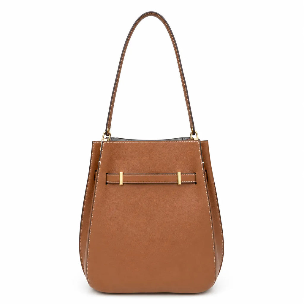 Tory Burch Lee Radziwill | Caramel-colored smooth leather  gold twist clasp and double T logo  women's designer handbag