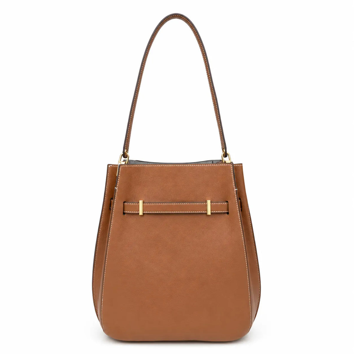 Tory Burch Lee Radziwill | Caramel-colored smooth leather  gold twist clasp and double T logo  women's designer handbag