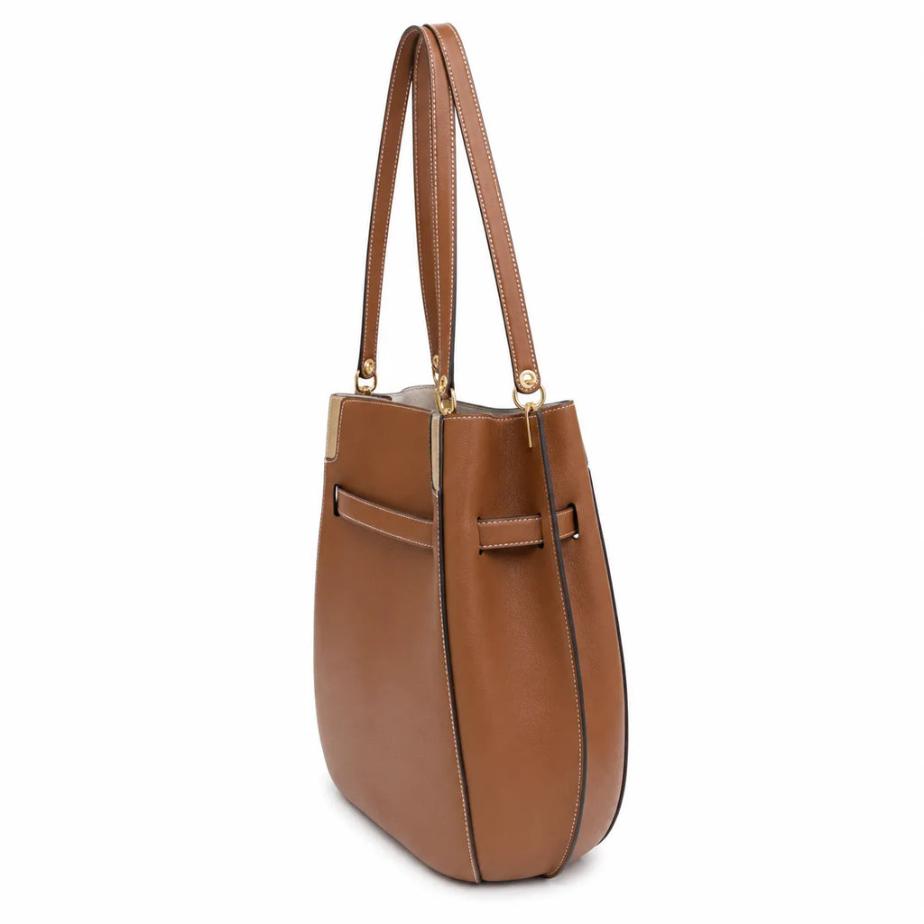 Tory Burch Lee Radziwill | Caramel-colored smooth leather  gold twist clasp and double T logo  women's designer handbag