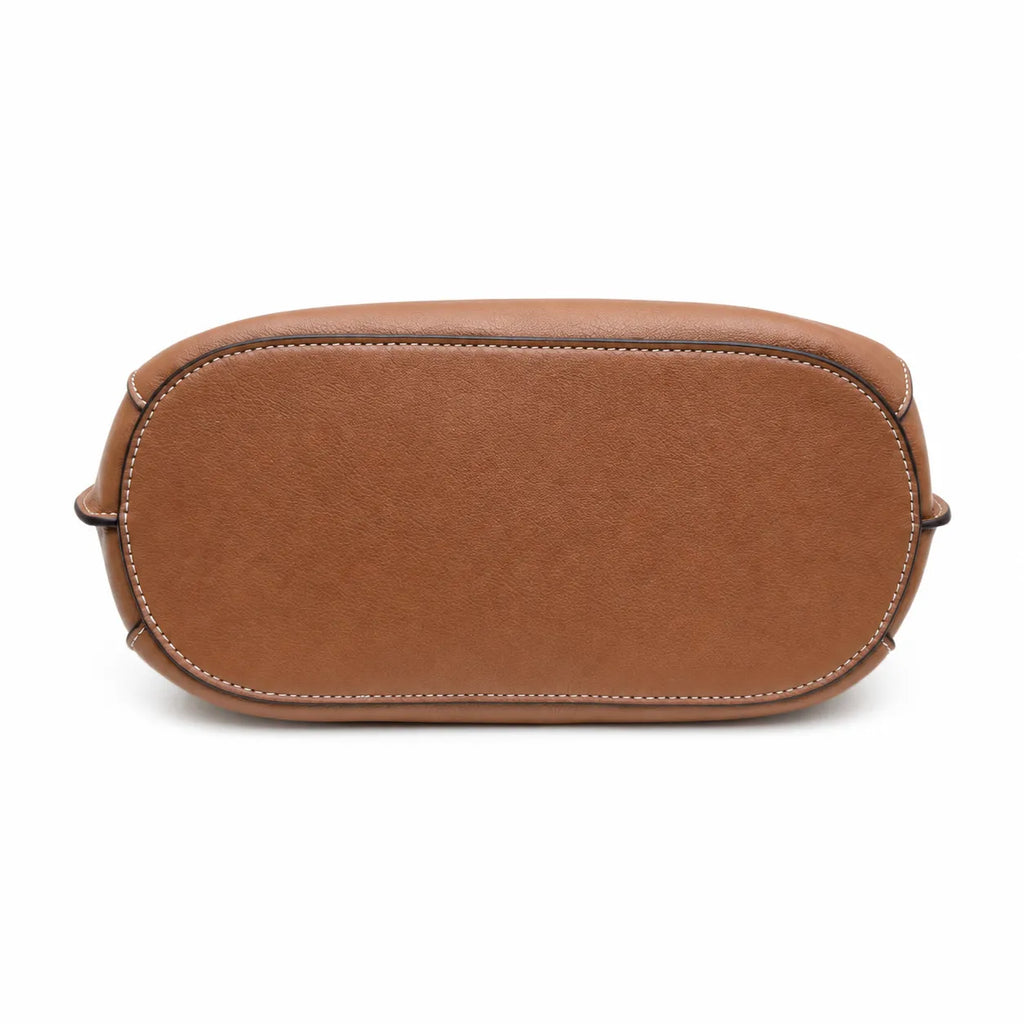 Tory Burch Lee Radziwill | Caramel-colored smooth leather  gold twist clasp and double T logo  women's designer handbag