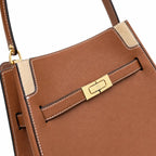 Tory Burch Lee Radziwill | Caramel-colored smooth leather  gold twist clasp and double T logo  women's designer handbag