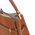 Tory Burch Lee Radziwill | Caramel-colored smooth leather  gold twist clasp and double T logo  women's designer handbag