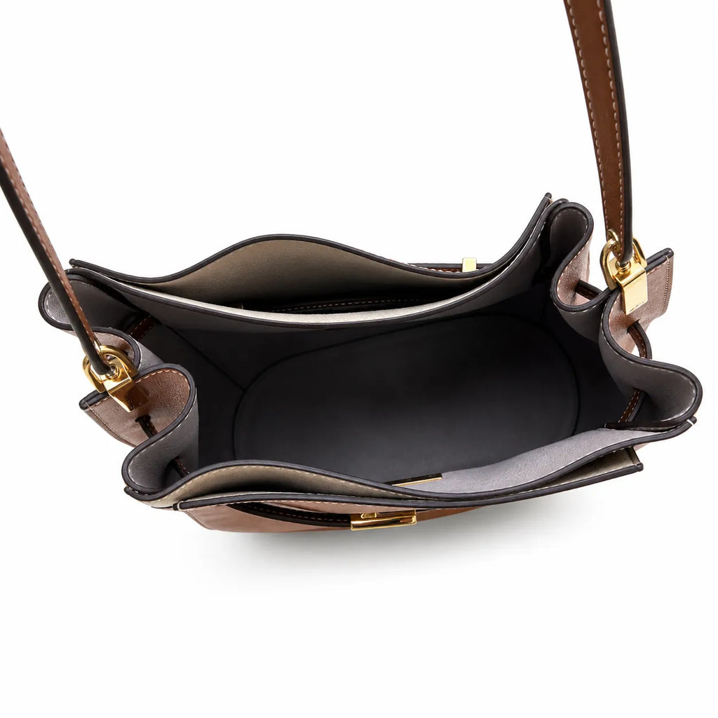 Tory Burch Lee Radziwill | Caramel-colored smooth leather  gold twist clasp and double T logo  women's designer handbag