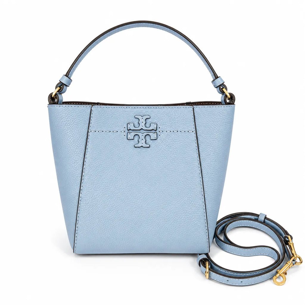 Tory Burch McGraw | Light blue pebbled leather  gold logo detachable shoulder strap women's designer handbag