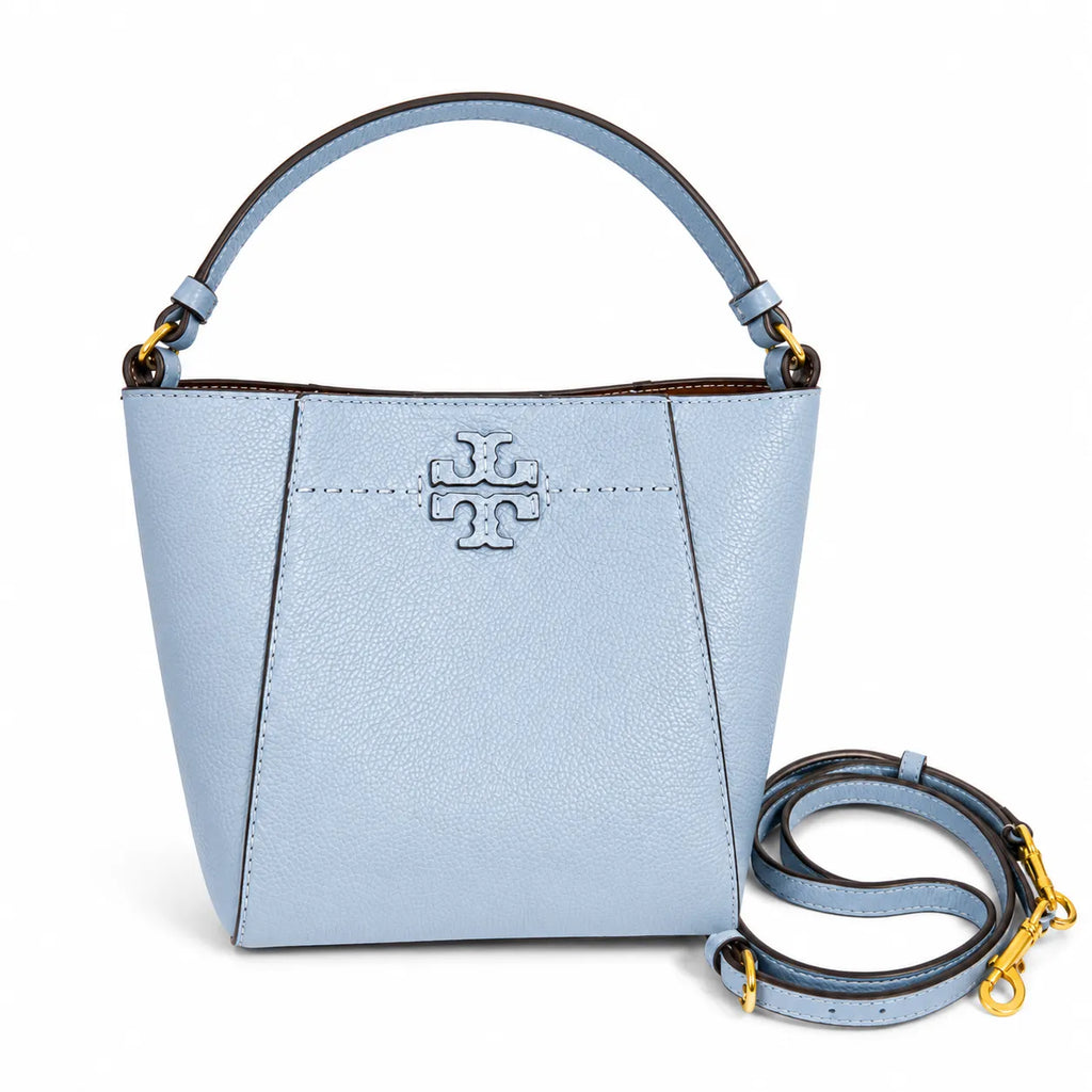Tory Burch McGraw | Light blue pebbled leather  gold logo detachable shoulder strap women's designer handbag