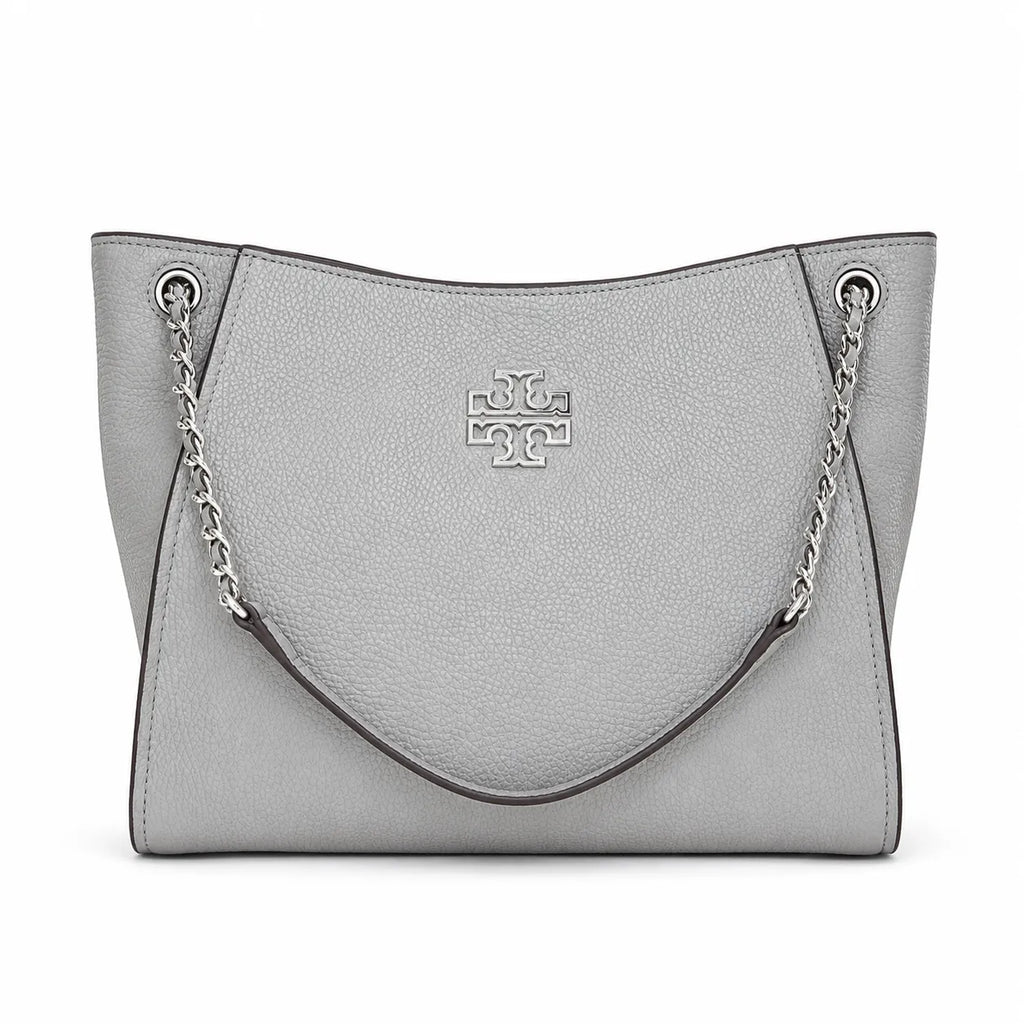 Tory Burch Britten | Light grey pebbled leather silver chain shoulder strap and double T logo women's designer handbag