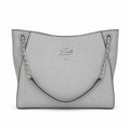 Tory Burch Britten | Light grey pebbled leather silver chain shoulder strap and double T logo women's designer handbag