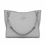 Tory Burch Britten | Light grey pebbled leather silver chain shoulder strap and double T logo women's designer handbag
