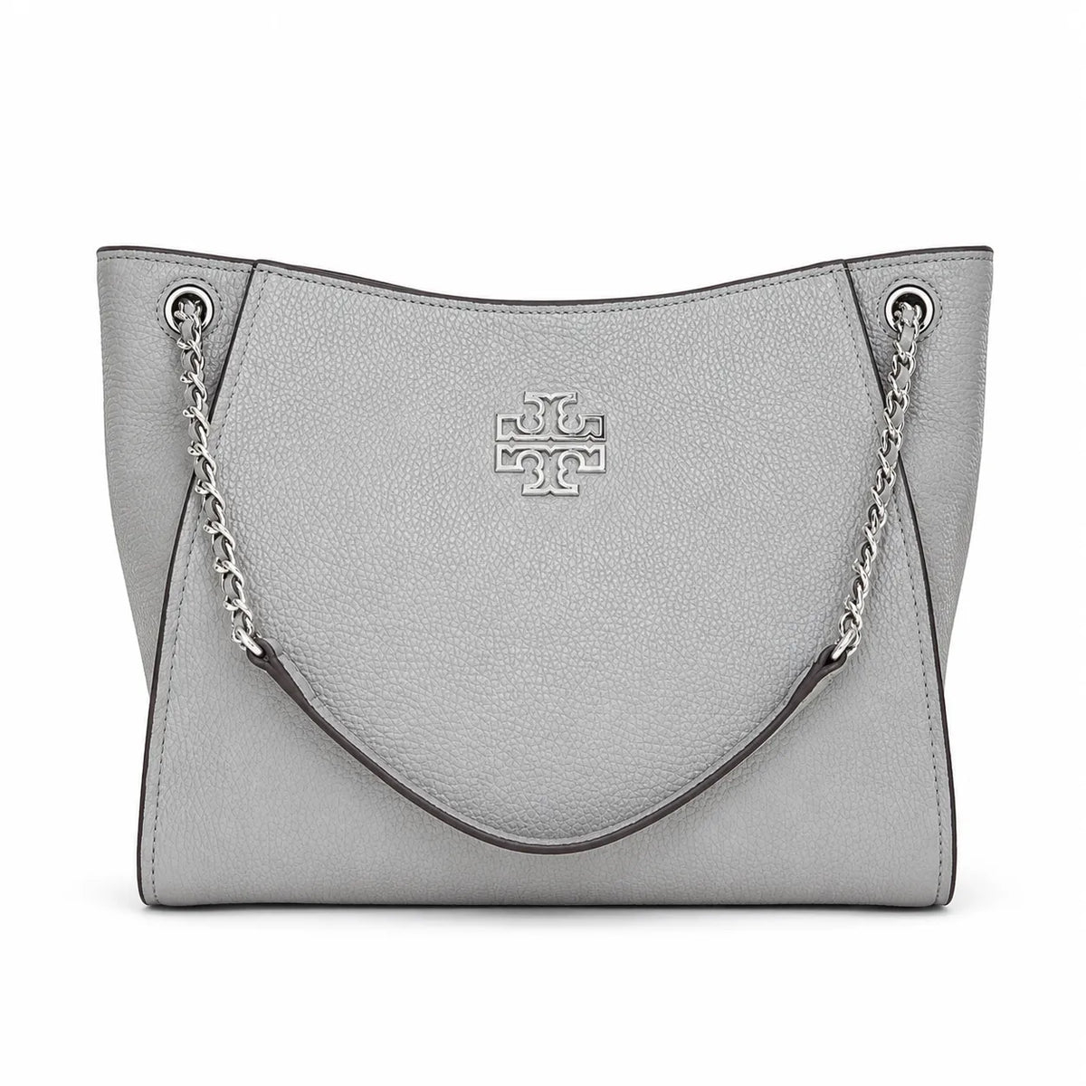 Tory Burch Britten | Light grey pebbled leather silver chain shoulder strap and double T logo women's designer handbag
