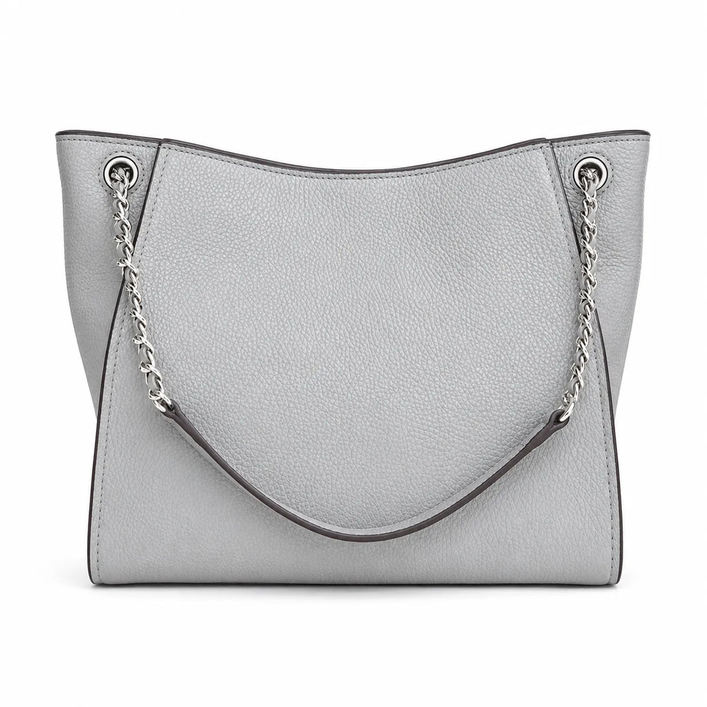 Tory Burch Britten | Light grey pebbled leather silver chain shoulder strap and double T logo women's designer handbag