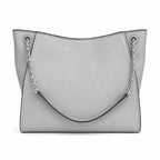 Tory Burch Britten | Light grey pebbled leather silver chain shoulder strap and double T logo women's designer handbag