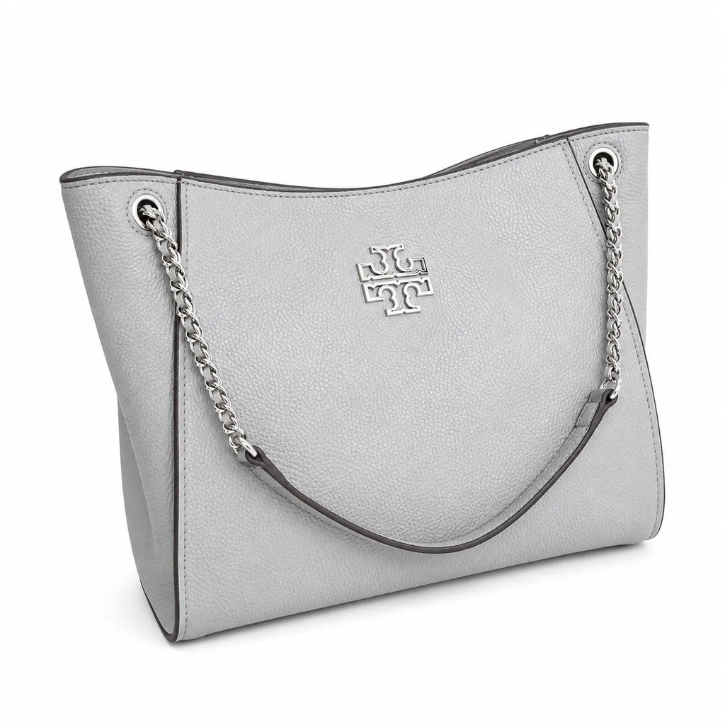 Tory Burch Britten | Light grey pebbled leather silver chain shoulder strap and double T logo women's designer handbag