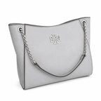 Tory Burch Britten | Light grey pebbled leather silver chain shoulder strap and double T logo women's designer handbag