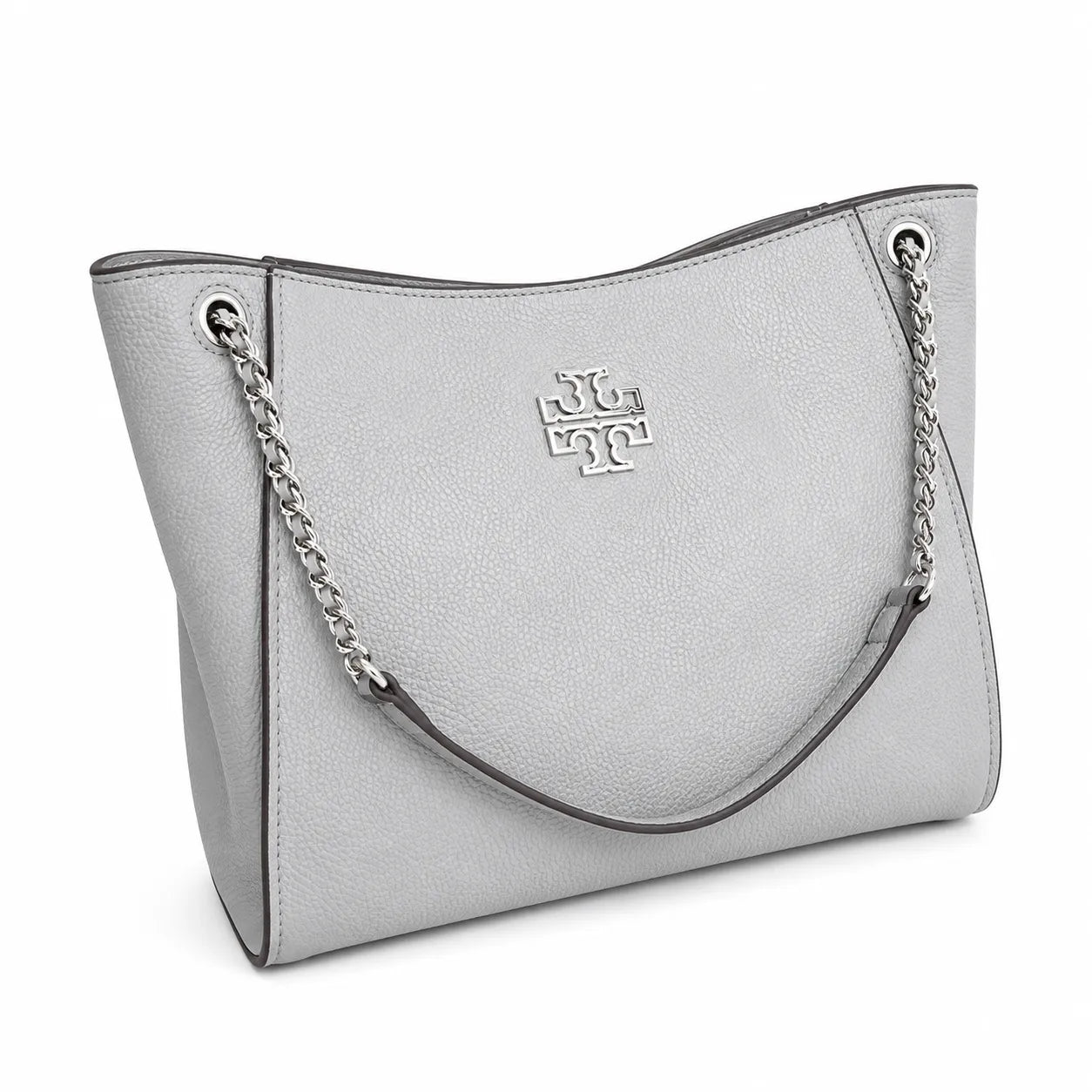 Tory Burch Britten | Light grey pebbled leather silver chain shoulder strap and double T logo women's designer handbag