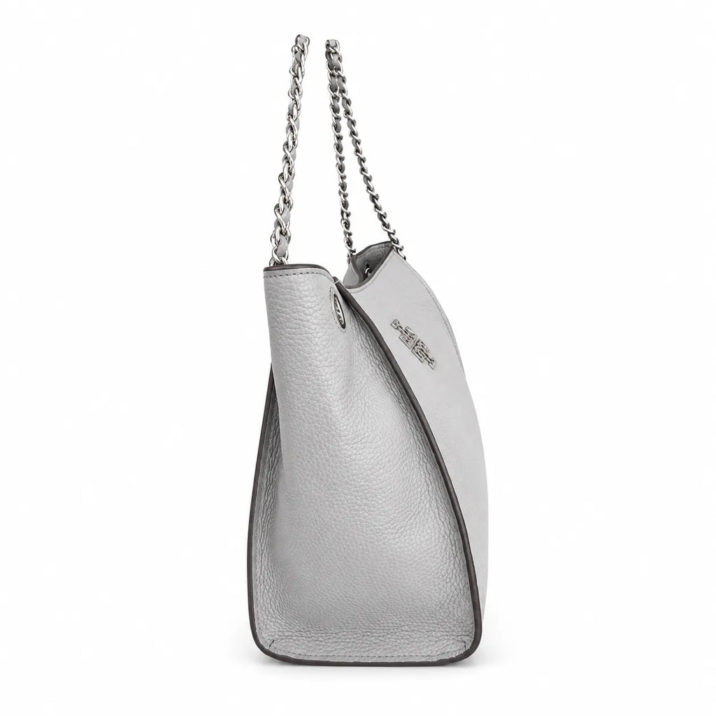 Tory Burch Britten | Light grey pebbled leather silver chain shoulder strap and double T logo women's designer handbag