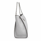 Tory Burch Britten | Light grey pebbled leather silver chain shoulder strap and double T logo women's designer handbag