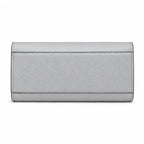 Tory Burch Britten | Light grey pebbled leather silver chain shoulder strap and double T logo women's designer handbag