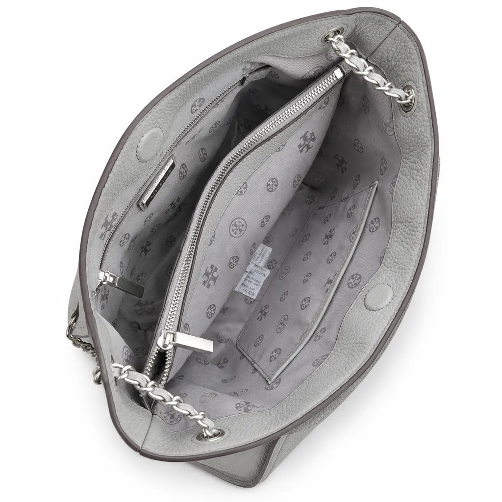 Tory Burch Britten | Light grey pebbled leather silver chain shoulder strap and double T logo women's designer handbag