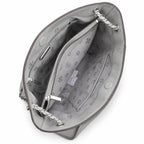 Tory Burch Britten | Light grey pebbled leather silver chain shoulder strap and double T logo women's designer handbag