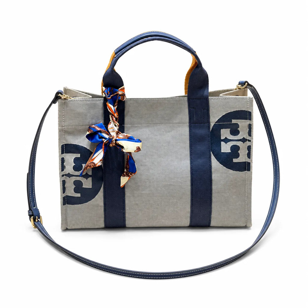 Tory Burch Ella | Light grey body with navy blue shoulder strap and signature logo large-capacity women's handbag