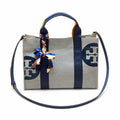 Tory Burch Ella | Light grey body with navy blue shoulder strap and signature logo large-capacity women's handbag