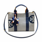Tory Burch Ella | Light grey body with navy blue shoulder strap and signature logo large-capacity women's handbag