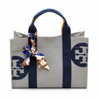 Tory Burch Ella | Light grey body with navy blue shoulder strap and signature logo large-capacity women's handbag
