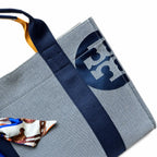 Tory Burch Ella | Light grey body with navy blue shoulder strap and signature logo large-capacity women's handbag