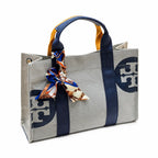Tory Burch Ella | Light grey body with navy blue shoulder strap and signature logo large-capacity women's handbag